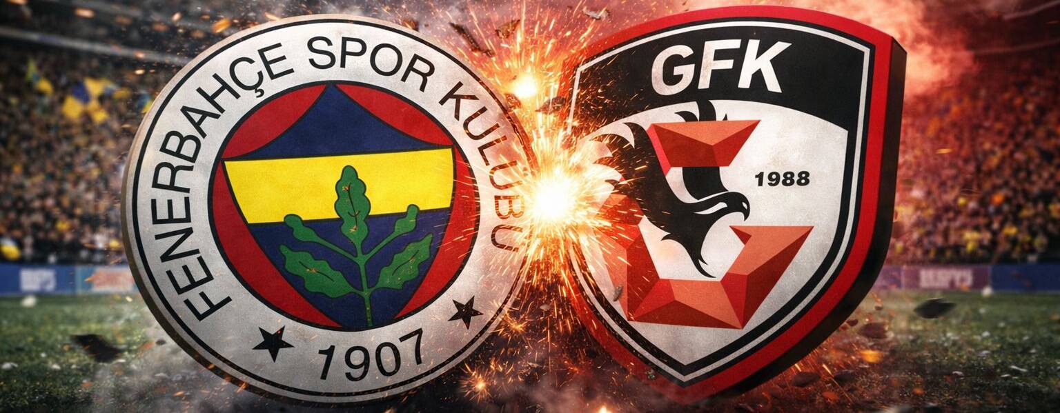 Fenerbahçe ile Gaziantep FK arasında Trendyol Süper Lig 27. hafta mücadelesini simgeleyen, iki takım logosunun stadyum atmosferinde çarpıştığı görsel