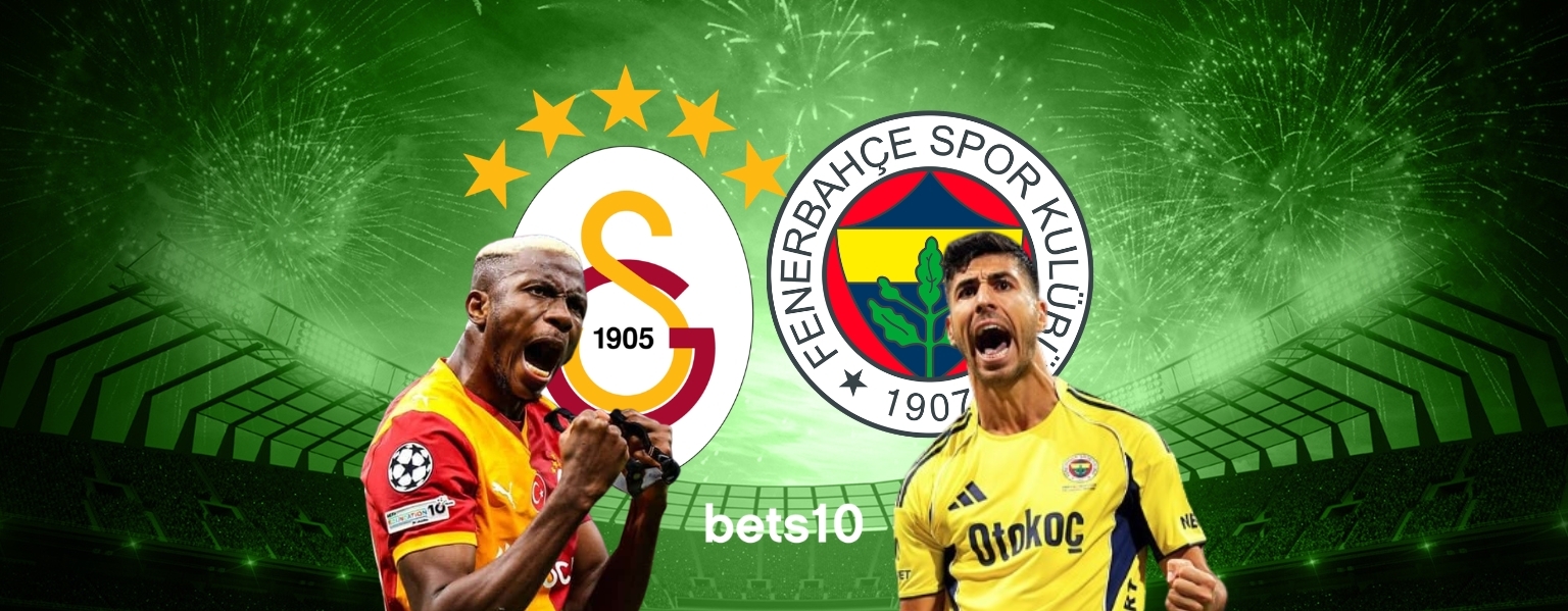 Galatasaray ve Fenerbahçe derbisi afişi: yeşil ışıklarla aydınlatılmış stadyumda havai fişekler eşliğinde, Galatasaray ve Fenerbahçe logoları önünde sevinç yaşayan iki futbolcu, spor görseli